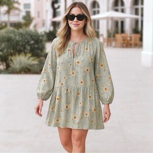 H&M Sunflowers Floral Balloon Sleeve Boxy Relaxed Drop Waist Shift Dress Size 12